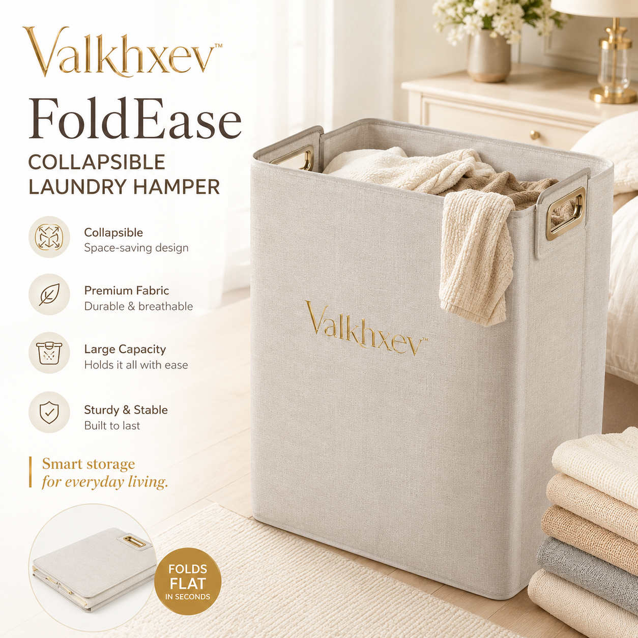 Valkhxev™ FoldEase Collapsible Laundry Hamper, Large Fabric Laundry Basket, Foldable Clothes Storage Bin, Bedroom Bathroom Organizer