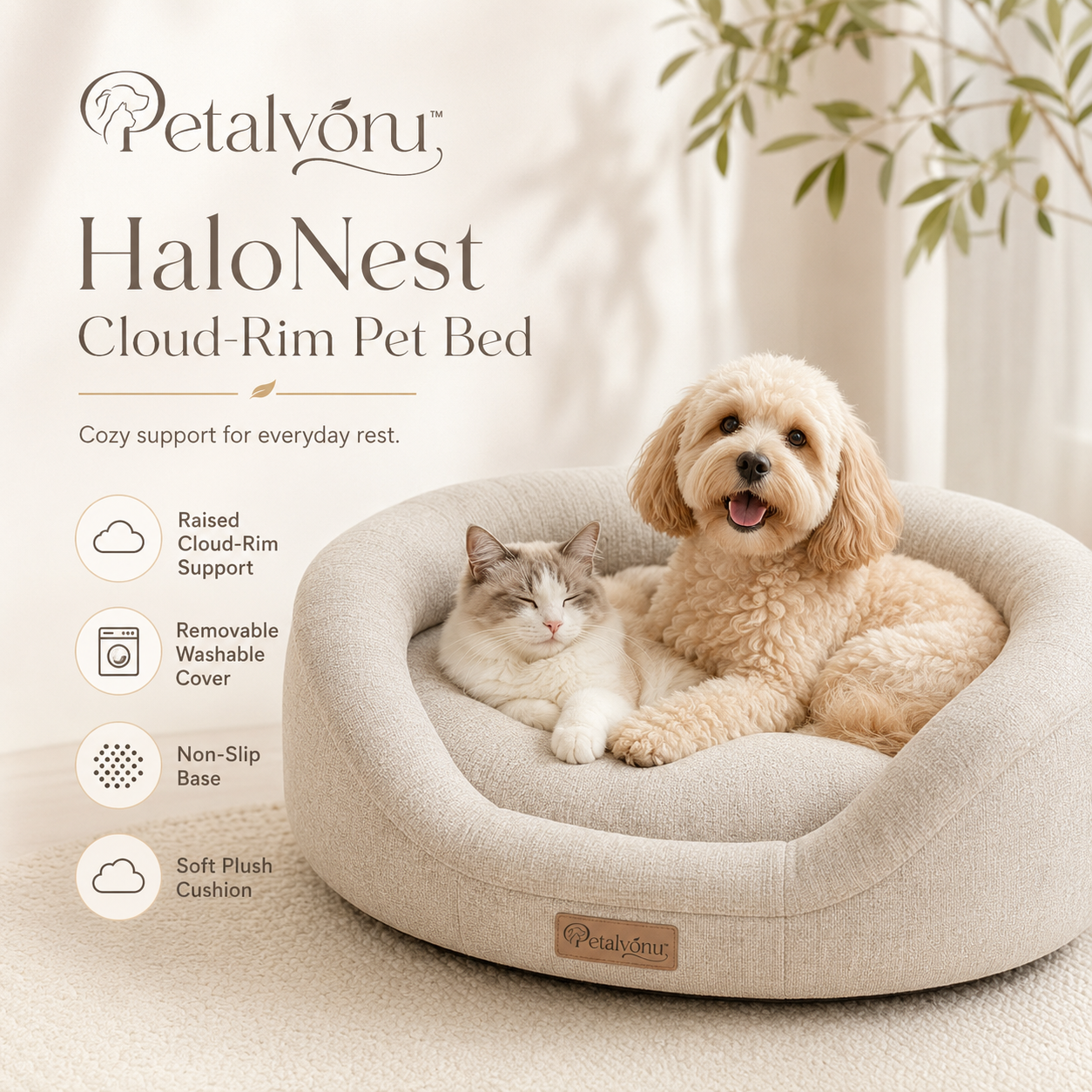 Petalvoru⢠HaloNest Cloud-Rim Washable Pet Bed ā Bolster Dog Bed, Cozy Cat Lounger & Removable Cover