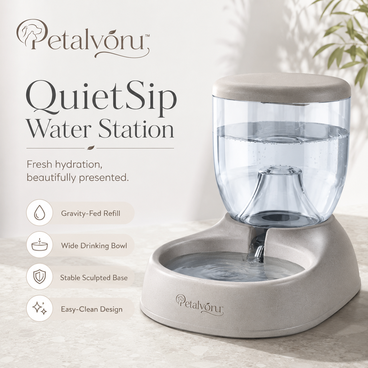 Petalvoru⢠QuietSip Sculpted Gravity Water Station ā Elevated Cat & Dog Drinking Dispenser
