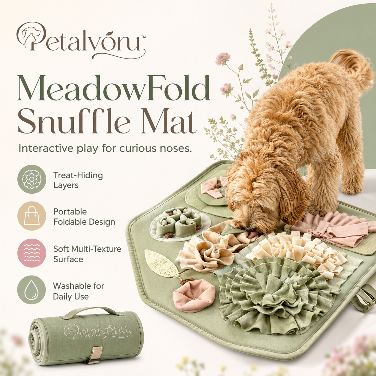 Petalvoru⢠MeadowFold Enrichment Snuffle Mat ā Foldable Dog Foraging & Treat-Search Activity Pad