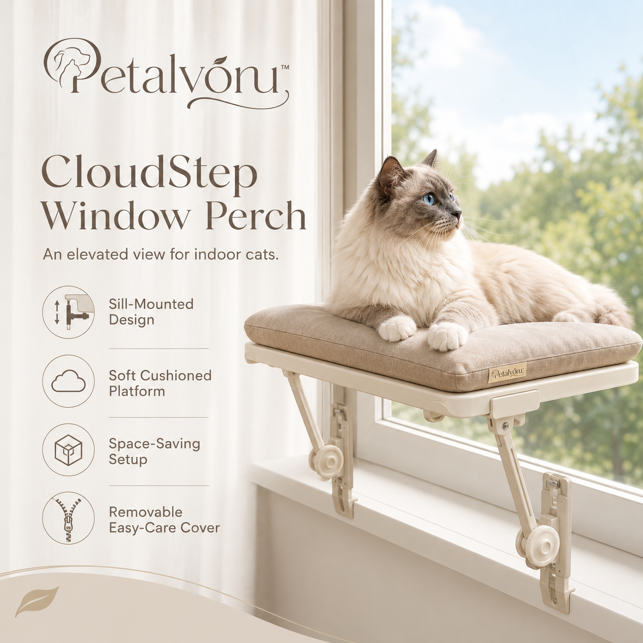 Petalvoru⢠CloudStep Cushioned Cat Window Perch ā Adjustable Sill-Mounted Lounger