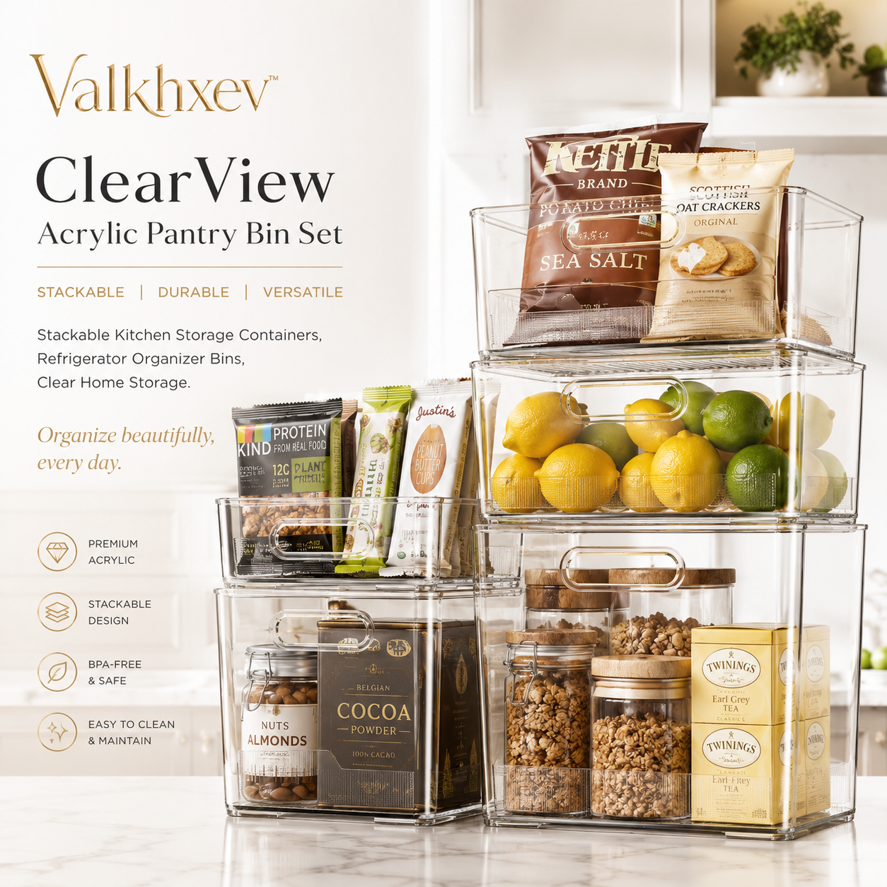 Valkhxev™ ClearView Acrylic Pantry Bin Set, Stackable Kitchen Storage Containers, Refrigerator Organizer Bins, Clear Home Storage