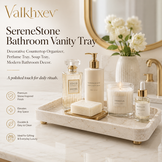 Valkhxev™ SereneStone Bathroom Vanity Tray, Decorative Countertop Organizer, Perfume Tray, Soap Tray, Modern Bathroom Decor