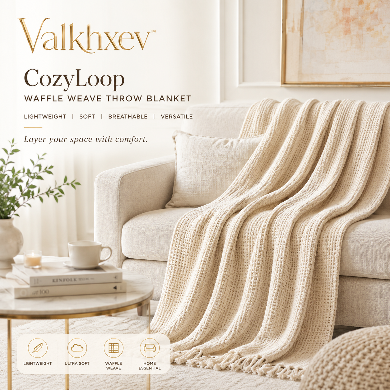 Valkhxev™ CozyLoop Waffle Weave Throw Blanket, Lightweight Sofa Blanket, Soft Decorative Bed Throw, Modern Living Room Accent