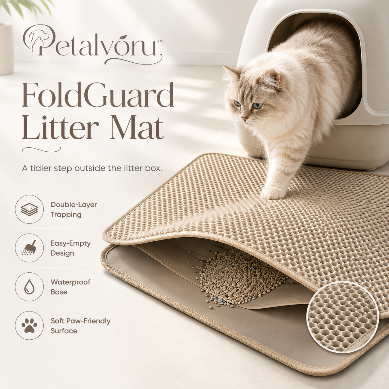 Petalvoru™ FoldGuard Double-Layer Cat Litter Mat – Textured Trapping Pad with Easy-Empty Design