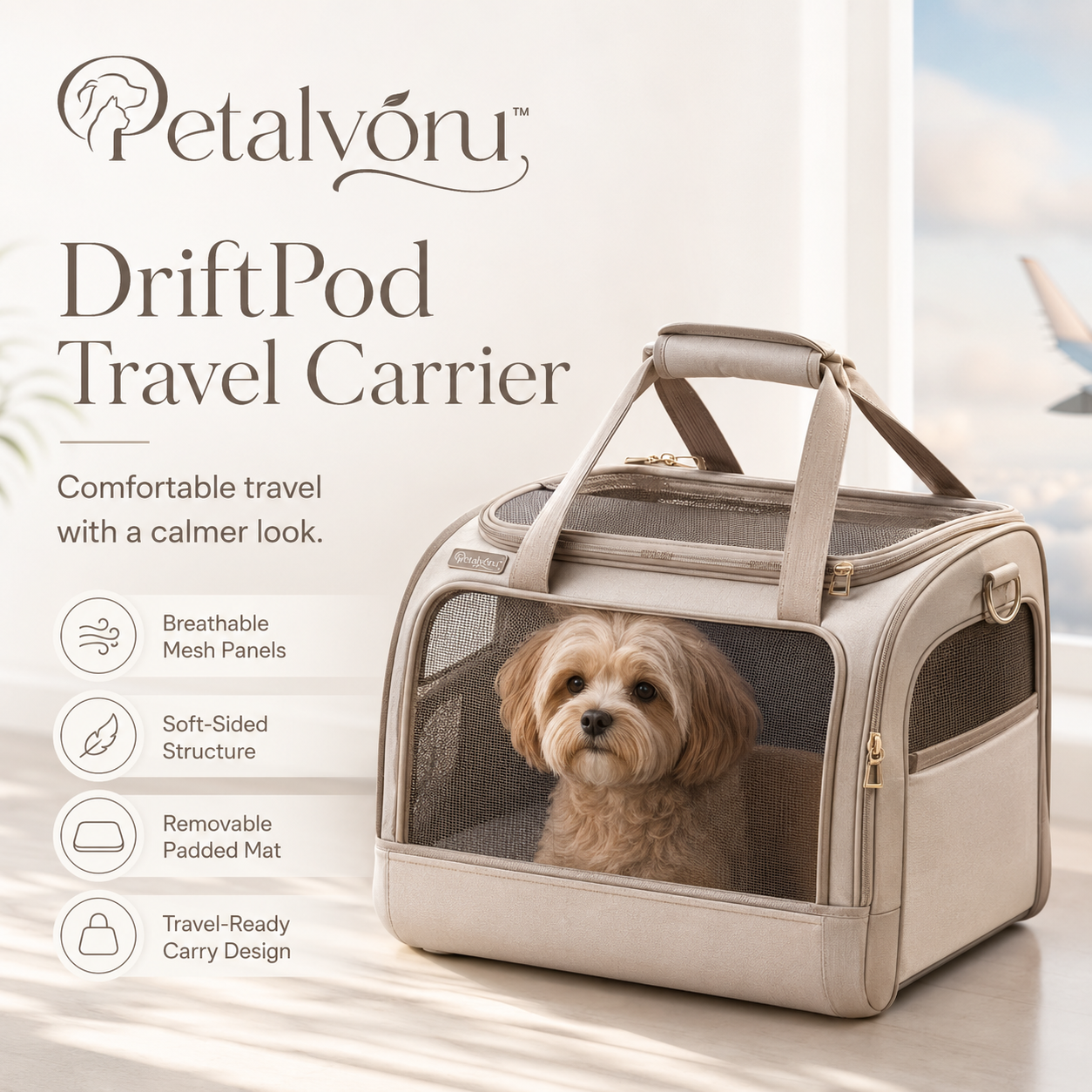 Petalvoru™ DriftPod Soft-Sided Pet Travel Carrier – Ventilated Cat & Small Dog Tote with Padded Mat