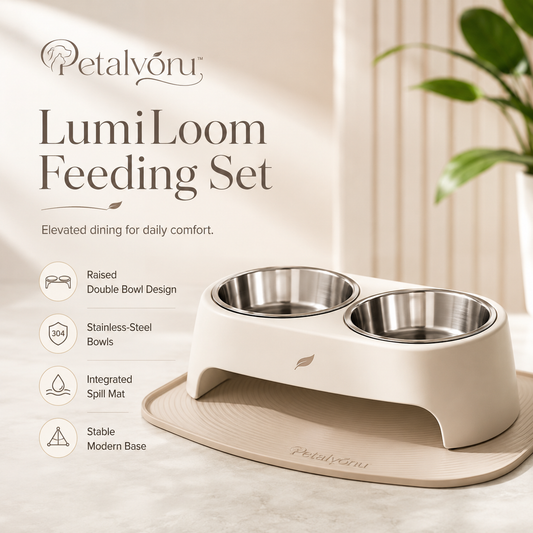 Petalvoru™ LumiLoom Raised Double Feeding Set – Stainless-Steel Pet Bowls with Silicone Spill Mat