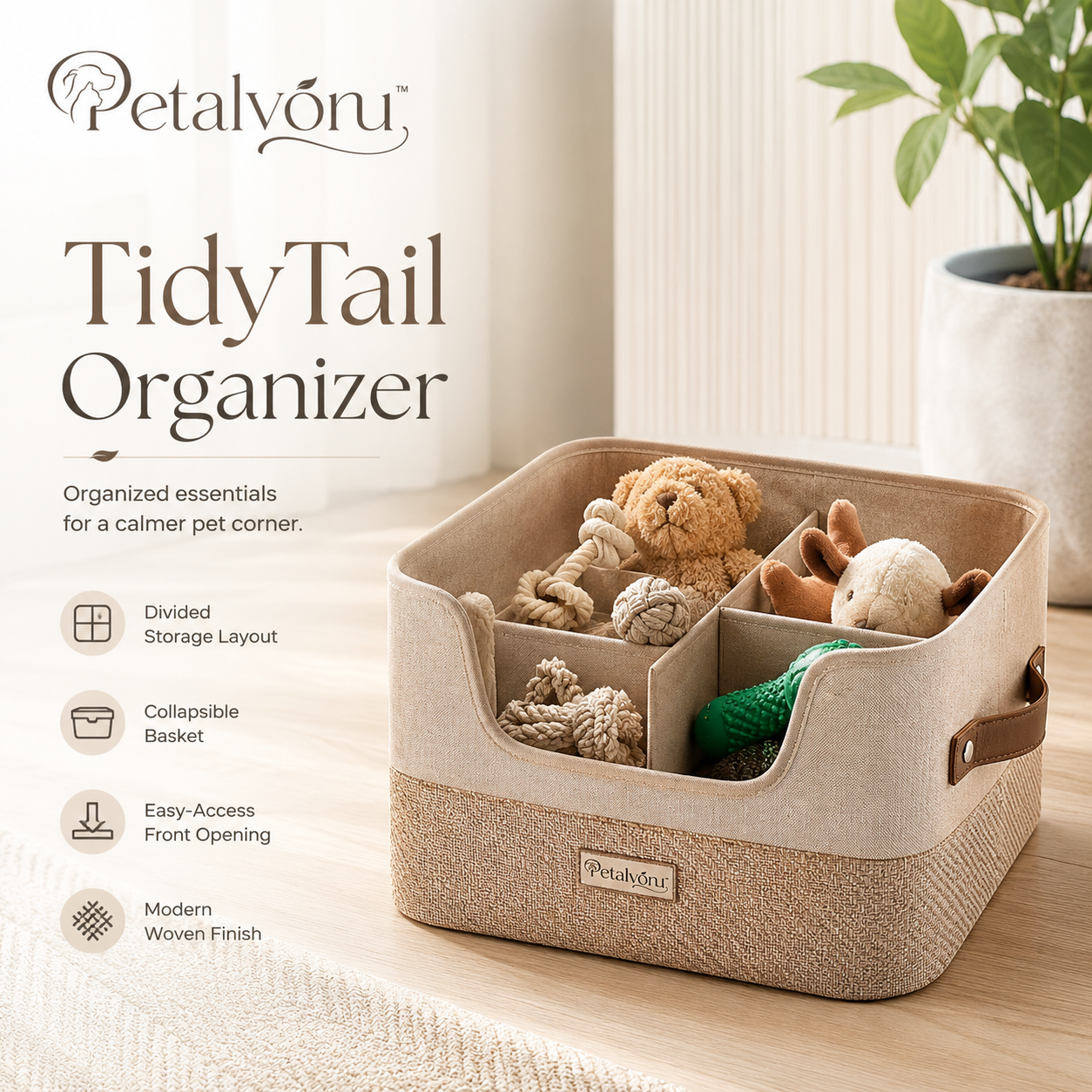 Petalvoru™ TidyTail Modular Pet Toy Organizer – Divided Collapsible Storage Basket with Handles