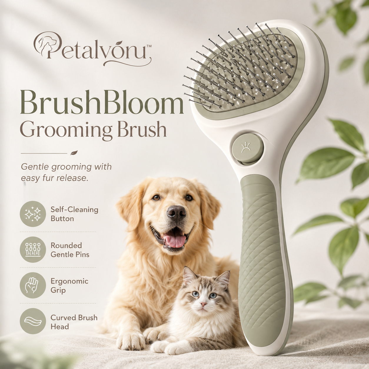 Petalvoru™ BrushBloom Self-Cleaning Pet Grooming Brush – Rounded Pin Slicker for Cats & Dogs